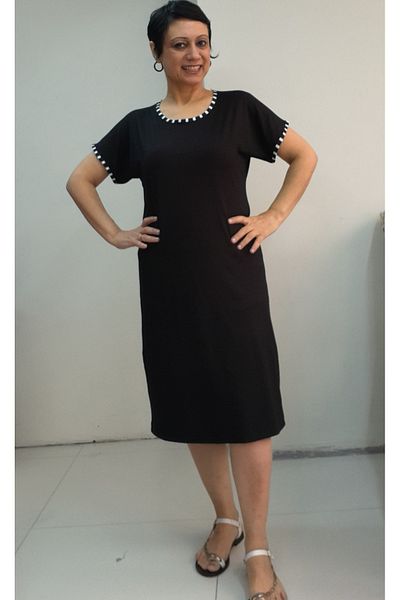 Mertcan Butik Φόρεμα από χτενισμένο βισκόζη με χαμηλό μανίκι με λεπτομέρεια ασπρόμαυρο μαύρο μέγεθος
