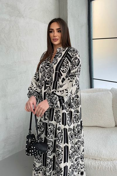 ASEDE 100% Viscose Bohemian Alaçatı Dress Buttoned Viscose Dress Suitable for Hijab
