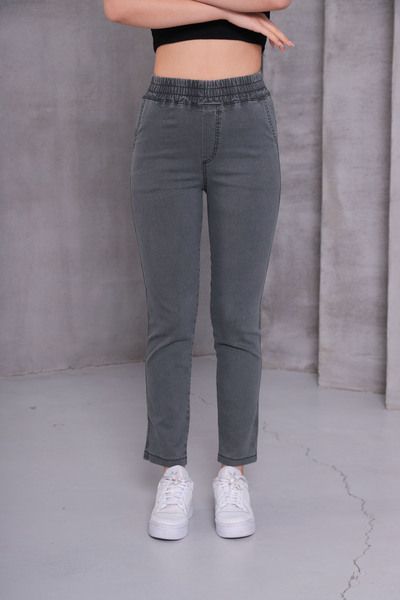 NEŞA KOTÇU GRİ Kadın Kot Pantolon Beli Lastikli Yüksek Bel Likralı Büyük-Küçük Beden Jeans