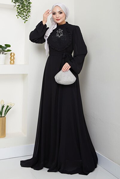 hafsamina Boncuklu Şifon Abiye Elbise Siyah HM2667
