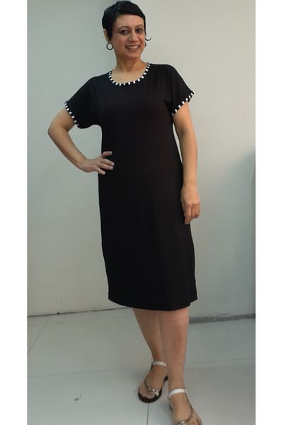 Mertcan Butik Φόρεμα από χτενισμένο βισκόζη με χαμηλό μανίκι με λεπτομέρεια ασπρόμαυρο μαύρο μέγεθος