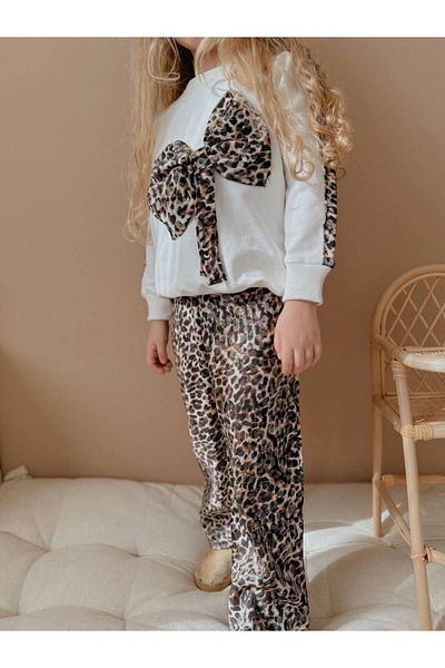YİGİT BUTİK Set de sus și de jos pentru fete cu model leopard cu fundă Yigit Boutique