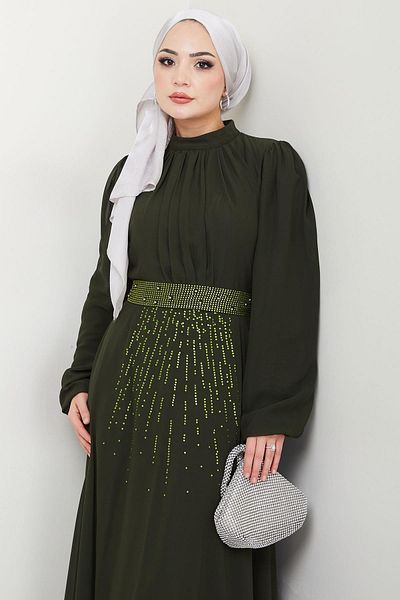 hafsamina Βραδινό φόρεμα σιφόν με πέτρες στη μέση Χακί HM2668