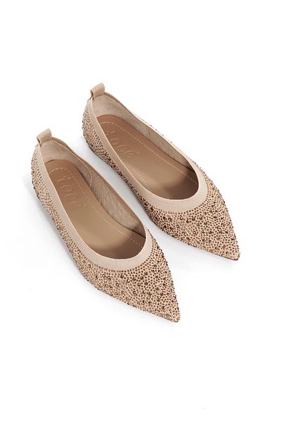 ZİESCE Women's Beige Knitwear Pointed Toe Stone Ballet Shoes