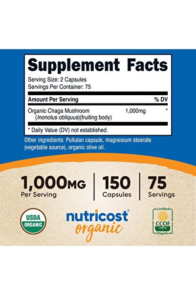 Nutricost Organic Chaga Mushroom Capsules 1000mg, 75 Servings - CCOF Certified, Vegetarian, Gluten-Free
