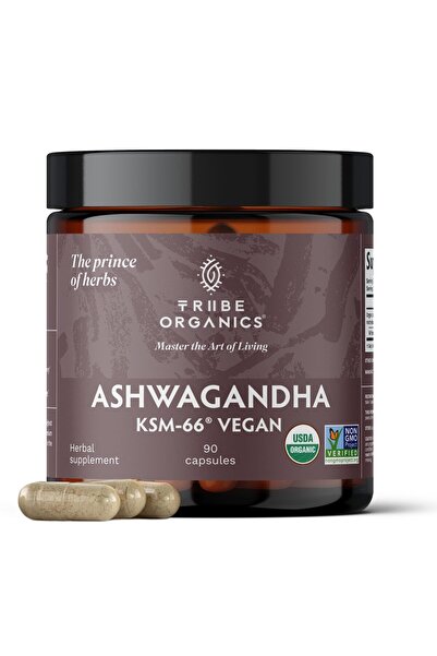 Tribe Organics مسحوق جذر أشواغاندا العضوي النباتي KSM-66 - 600 مجم، 90 كبسولة...