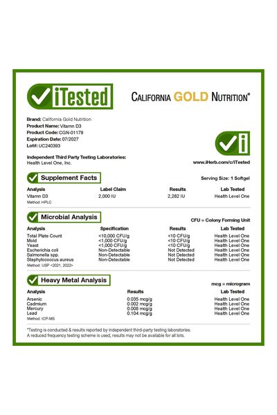 California Gold Nutrition Vitamin D3, 50 mcg (2,000 IU), 90 Fish Gelatin Softgels