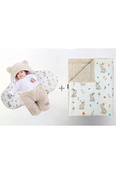 migie 0-4 Ay Bebek Dış Kundak ve Battaniye Seti Wellsoft Bej (Tavşan Desenli)