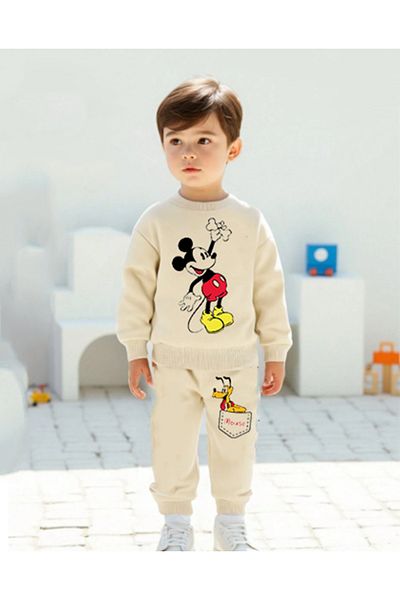 bebekpare Beige Top and Bottom Set - Boy's Mickey Model