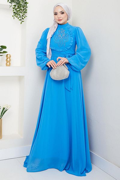 hafsamina Βραδινό φόρεμα σιφόν με μπλε χάντρες