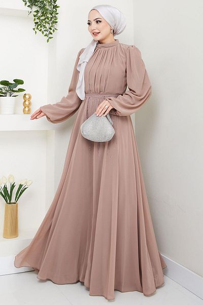 hafsamina Βραδινό φόρεμα Chiffon με πέτρες στη μέση Mink HM2668