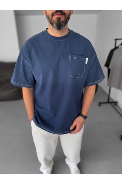 BYBASICMAN Navy Blue Oversize T-Shirt with Pocket Jj-15 Model