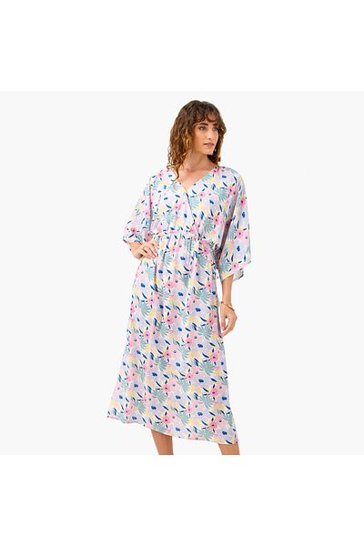 FAV Floral Print Dress with V-neck and Tie-Up Detail