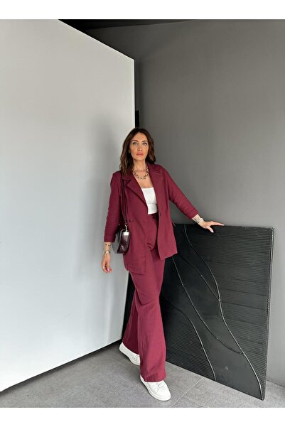 Generic Brand Claret Red Jacket Trousers Linen Stylish Set
