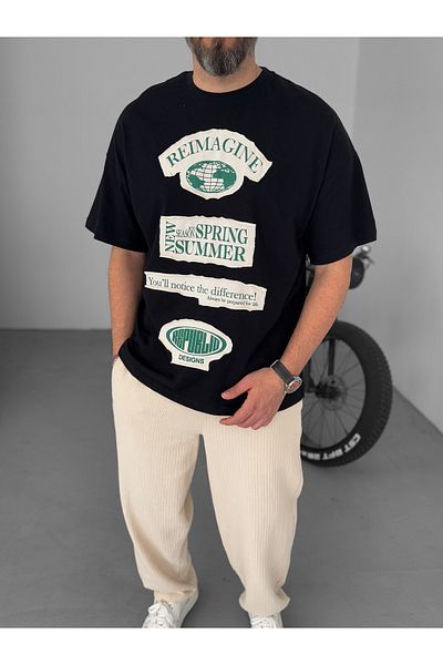 BYBASICMAN Black Patched Reimagine Printed Oversize T-Shirt