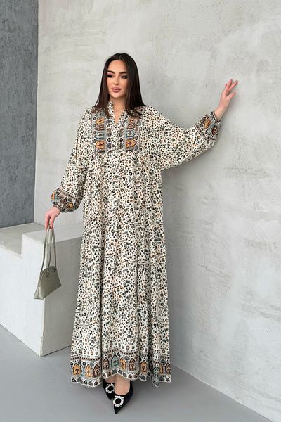 ASEDE 100% Viscose Bohemian Alaçatı Dress Buttoned Printed Viscose Dress Suitable for Hijab