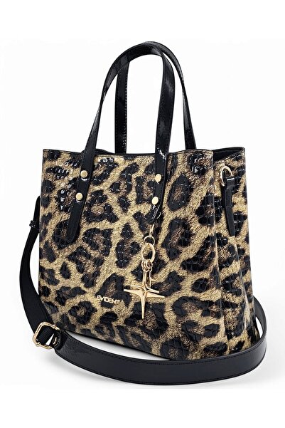 Evident Siyah Rugan Baskılı Leopar Desenli Aksesuarlı Ayarlanabilir Özel Çapraz Askılı Kadın El Çantası
