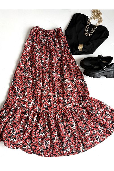ENDAMIM Flower Patterned Layered Viscosa Skirt