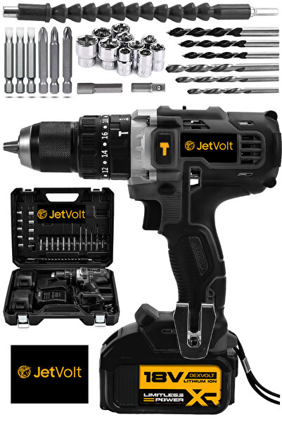 JetVolt 18V Metal Şanzıman Çift Akülü Şarjlı Darbeli Matkap 24 Parça - Siyah