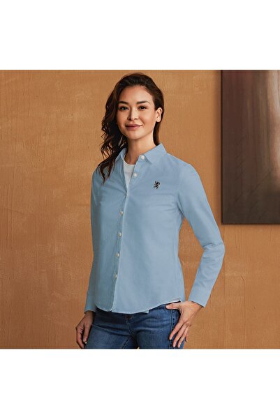 Giordano قميص نسائي من القطن أكسفورد بقصّة Slim Fit مع تطريز على شكل أسد