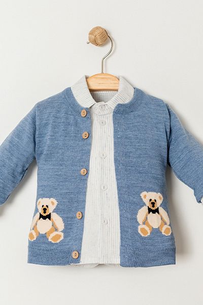 Bebüş Teddy Bear Figured Blue Cardigan Striped Shirt and Tan Pants 3 Piece Baby Boy Set 15056