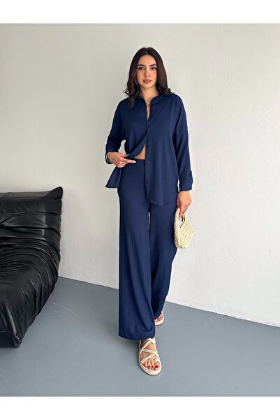 02Lady Fashion Seersucker Long Sleeve Shirt Bürümcük Shirt Wide Legged Double Suit