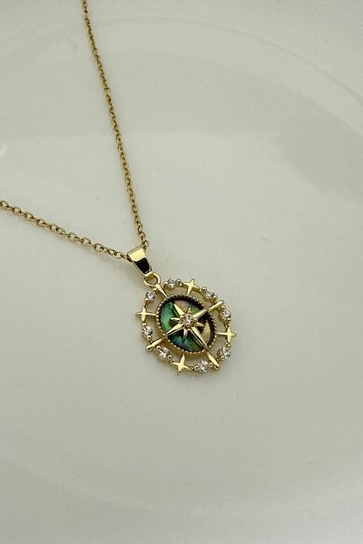 DELEIZA ACCESSORY Steel Gold Vintage Oval North Star Necklace