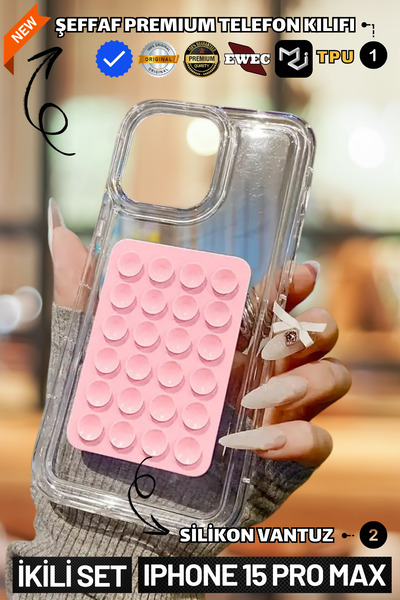 Dual Set | iPhone 15 Pro Max Compatible Transparent Premium Phone Case and Phone Holder Silicone Suction Cup