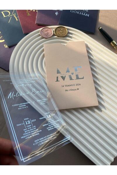 emindijital Pudra Zarflı Şeffaf Nikah, Nişan, Kına, Düğün Davetiyesi - 50 Adet