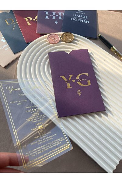 emindijital Mor Zarflı Şeffaf Nikah, Nişan, Kına, Düğün Davetiyesi - 50 Ade