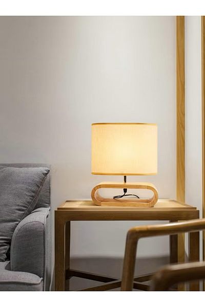 Allin Side Lamp, Modern Side Lamp with Linen Shade, Wooden Desk Lamp, Living Room Reading Lamp