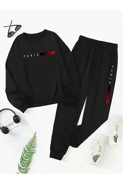 LAND MODA Casual Paris Letter Printed Sweatshirt & Jogger Set for Men -