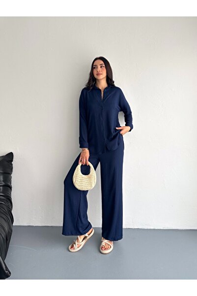 02Lady Fashion Seersucker Long Sleeve Shirt Bürümcük Shirt Wide Legged Double Suit