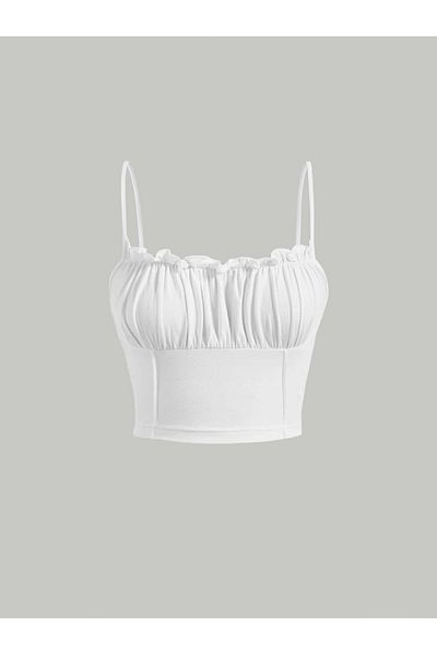 poswicon alb MOD curvy piept cu volane decupat vară crop top cu bretele