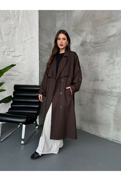 Elif Özbey Butik Καφέ πικρό διπλό στήθος Λεπτομερής υπερμεγέθη καμπαρντίνα