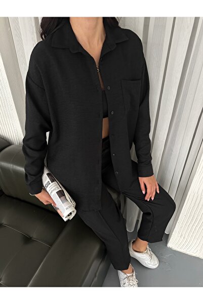 02Lady Fashion Aerobin Λινό Πουκάμισο Παντελόνι 2 τεμαχίων Σετ κάτω και επάνω