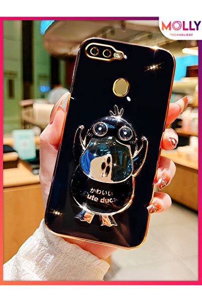 Molly Oppo AX7 İçin Siyah Sevimli Ördek Standlı Kenarları Gold Detaylı Lüks S...
