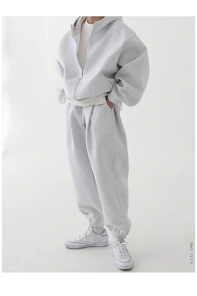 LAND MODA Hooded Sweatshirt and Pants Set for Men, 100% Polyester Knitted Fabric, Solid Color