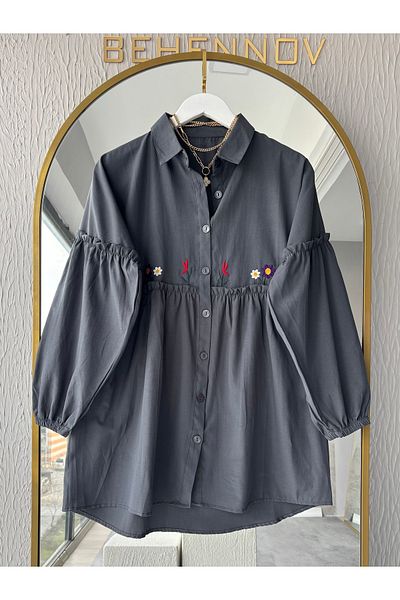 Butik Embroidered Poplin Shirt Gray
