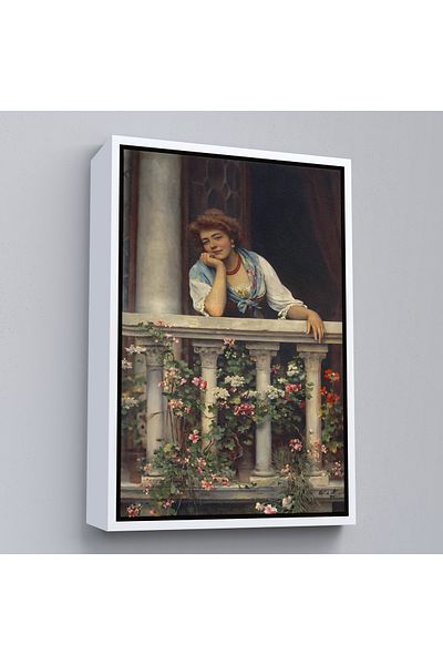 Harita Sepeti Beautiful Woman Waiting for Her Lover on a Floral Balcony with a White Frame Painting