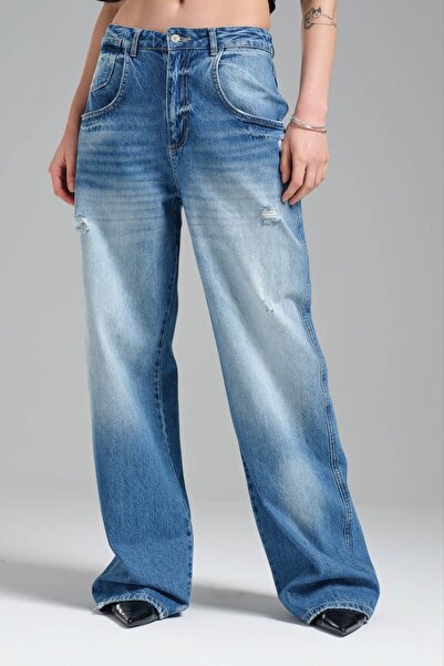 tw3 Pantaloni de damă, albaștri, de culoare denim, cu potrivire pliabilă, 100...