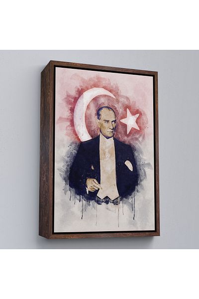 Harita Sepeti Mustafa Kemal Atatürk cu cadru alb și steagul turcesc Aquarel Look Decorative Canvas Art Print