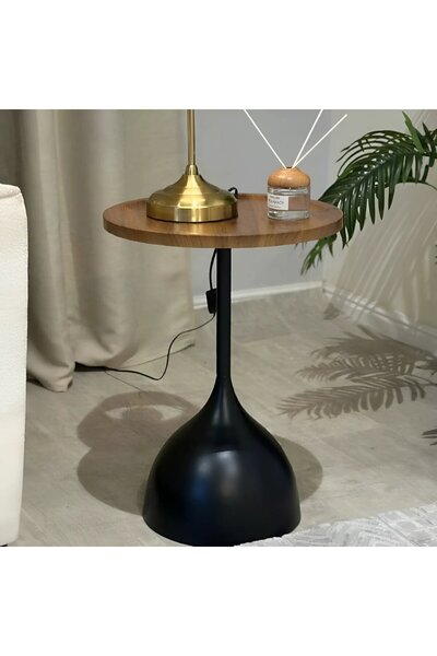 kafeny Brown wood serving table with black base