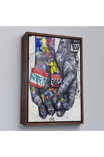Harita Sepeti White Framed Banksy Style Canvas Wall Art, Graffiti Hand Wall Poster Canvas Painting