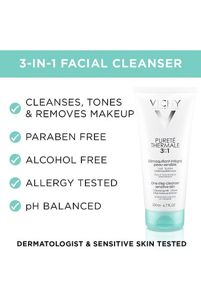 Vichy Pureté Thermale 3-in-1 Facial Cleanser, Face Wash, Toner & Makeup Remover for Sensitive Skin