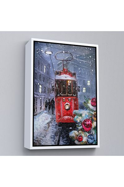 Harita Sepeti Pictură murală cu tramvai roșu între zăpezile cu cadru alb