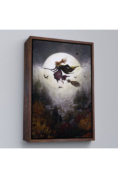 Harita Sepeti Vrăjitoare zburătoare cu mătură cu cadru alb, pictură murală Halloween Helloven