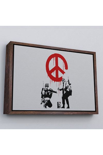 Harita Sepeti White Framed Bansky, Soldiers Making Peace Sign Canvas Print