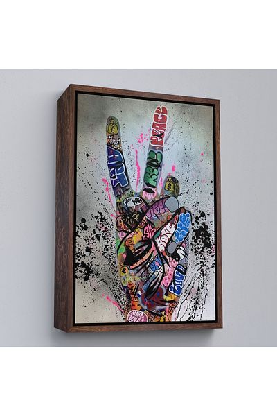 Harita Sepeti Pictură pe pânză cu mișcare manuală Bansky cu cadru alb, pictură de artă de stradă Graffiti Victory Sign