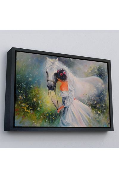 Harita Sepeti Cai alb și fata proprietară în cadru auriu Vedere pictură în ulei Pictură decorativă pe pânză